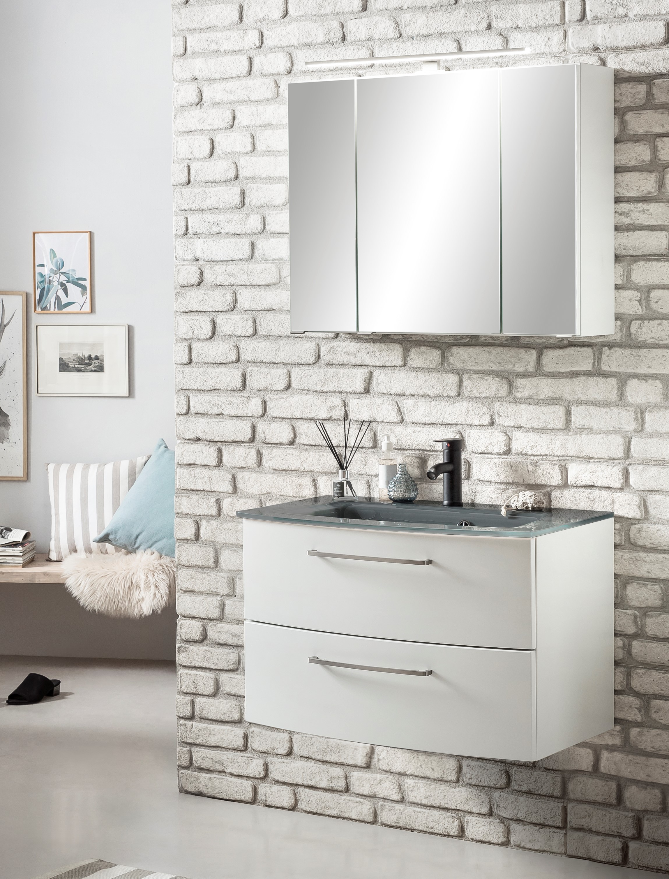 Meuble vasque Stivan 80cm avec vasque grise - blanc - Image 6