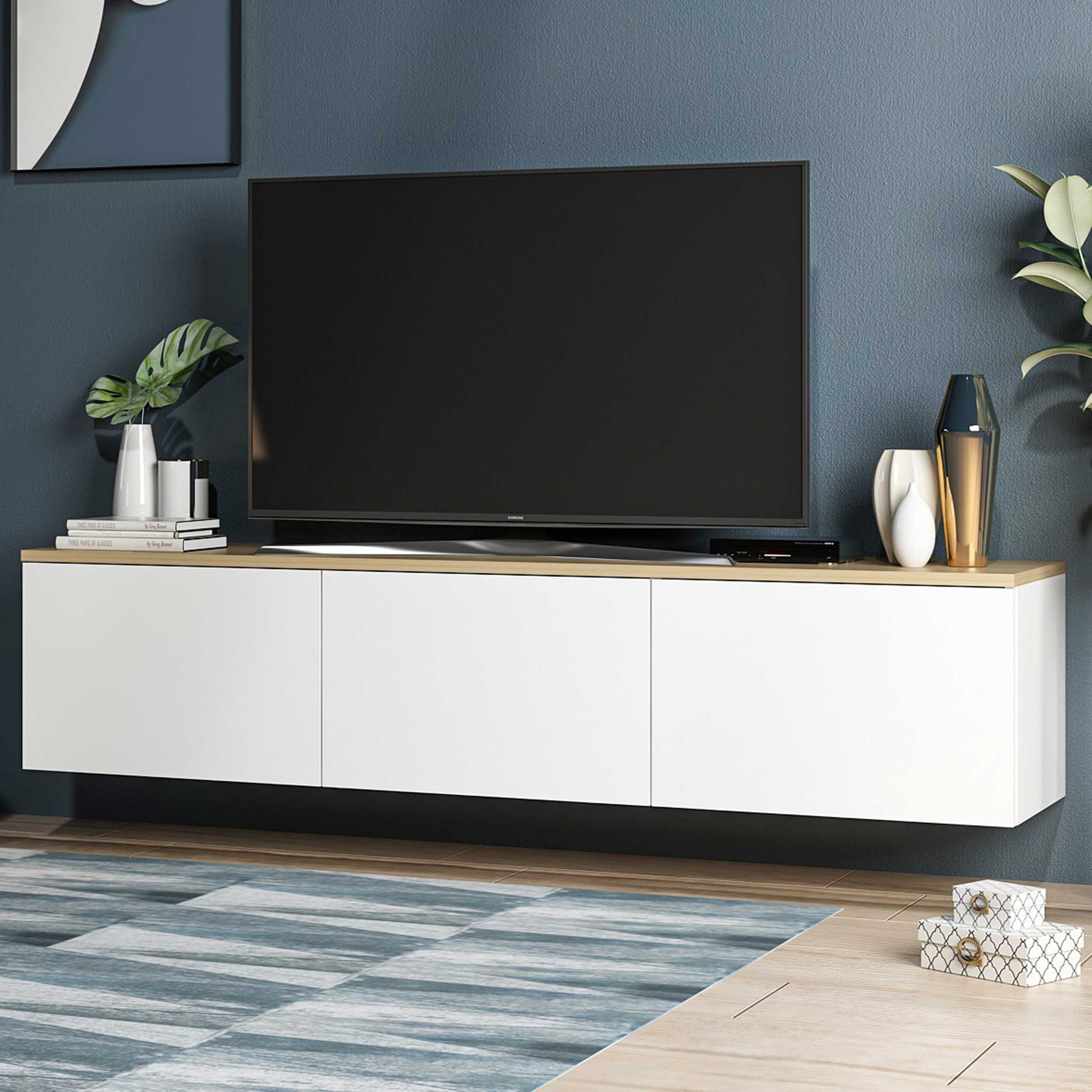 Neon Meuble TV | 100 % MÉLAMINE | Blanc, Chêne