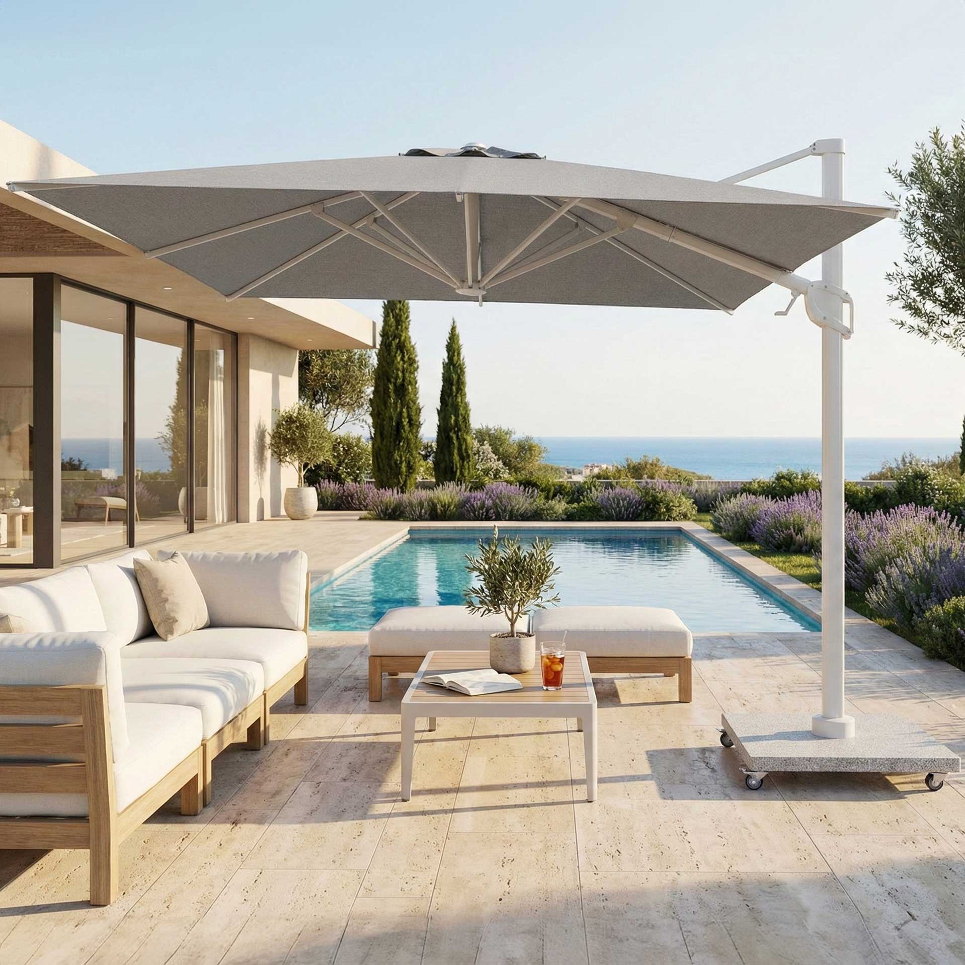 Parasol Bryce 300x300cm avec base - blanc/gris