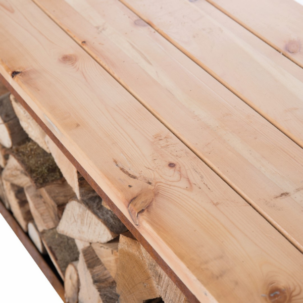 Range-bûches Elara avec banc 120x40x42cm acier et bois - rouille - Image 4