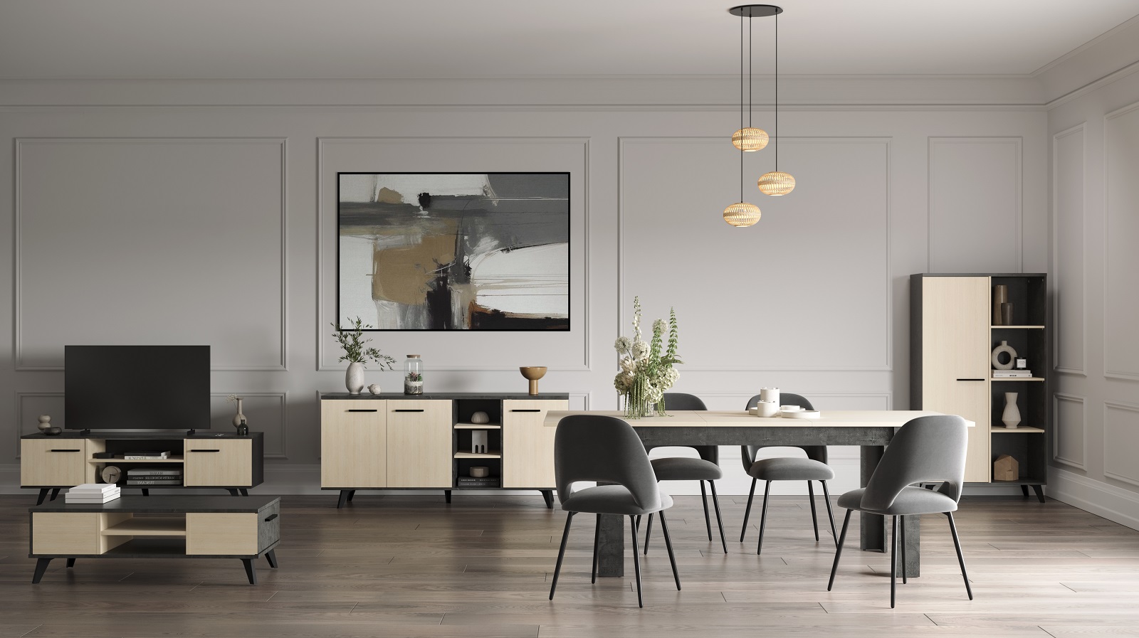 Salle à manger Kent: table à manger extensible, meuble tv, table basse, vaisselier, bahut - décor chêne/anthracite