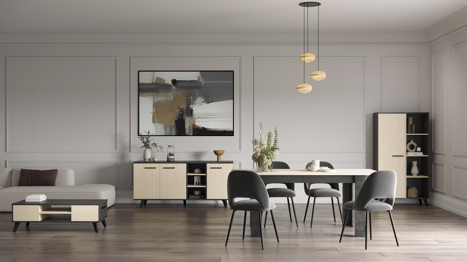 Salle à manger Kent: table à manger extensible, table basse, vaisselier, bahut - décor chêne/anthracite