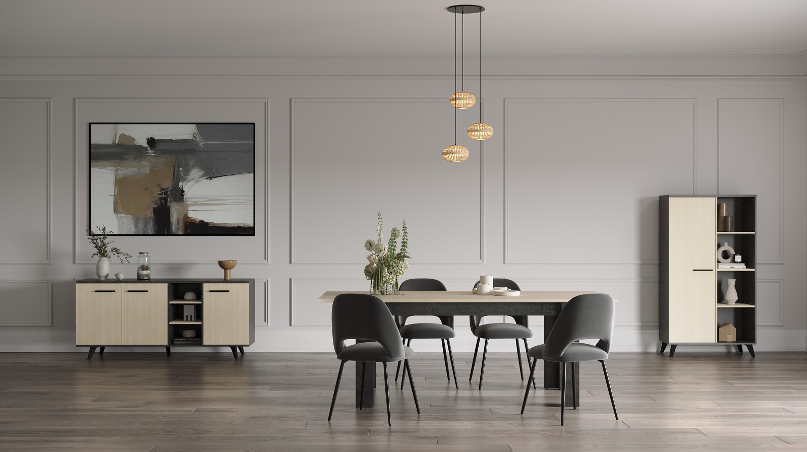 Salle à manger Kent: table à manger extensible, vaisselier, bahut - décor chêne/anthracite