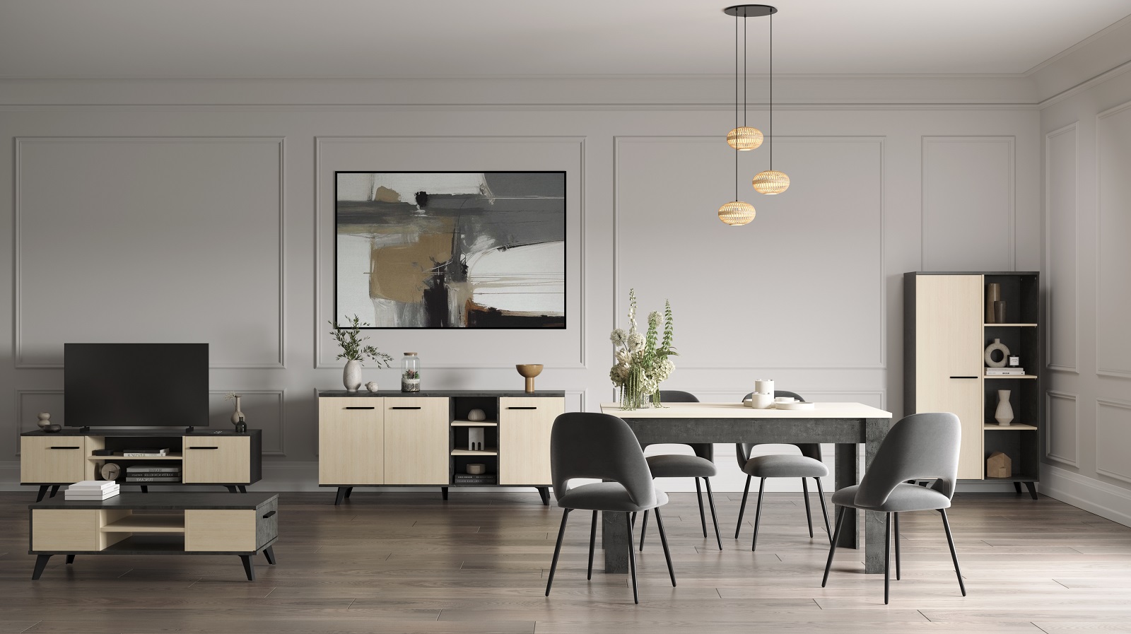 Salle à manger Kent: table à manger, meuble tv, table basse, vaisselier, bahut - décor chêne/anthracite