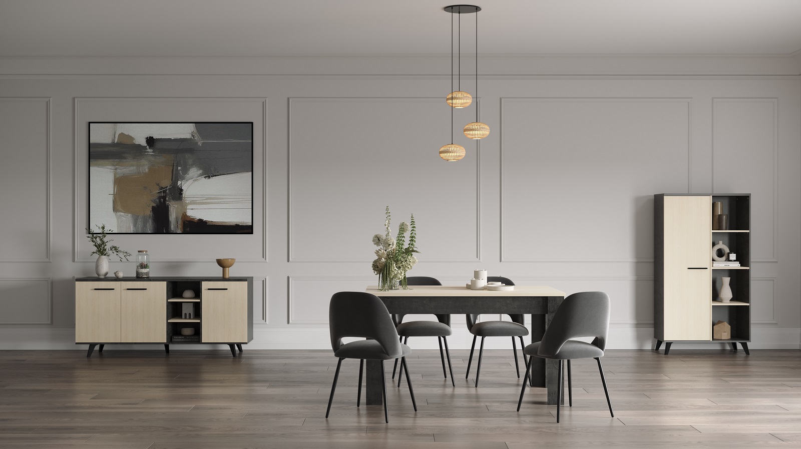 Salle à manger Kent: table à manger, vaisselier, bahut - décor chêne/anthracite