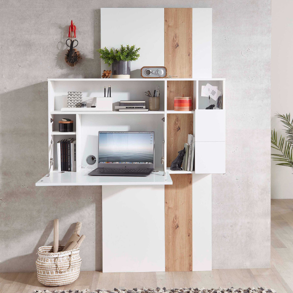 Secretaire Inovo 120cm 1 porte - blanc/chêne