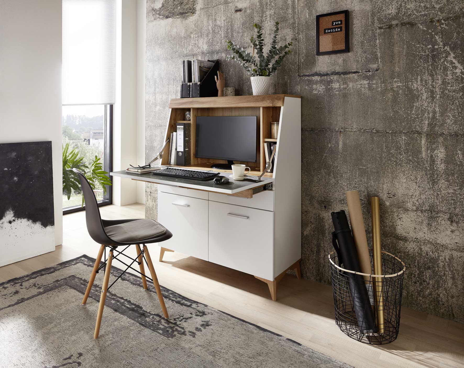 Secrétaire Vanya avec 3 portes & 2 tiroirs - blanc/chêne - Image 4