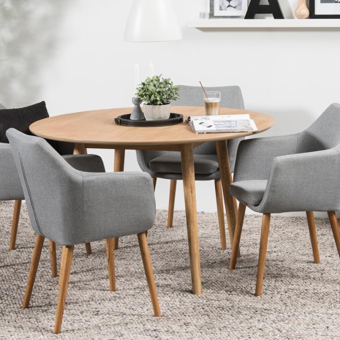 Table à manger ronde Nalini 120x120cm, chêne et placage de chêne