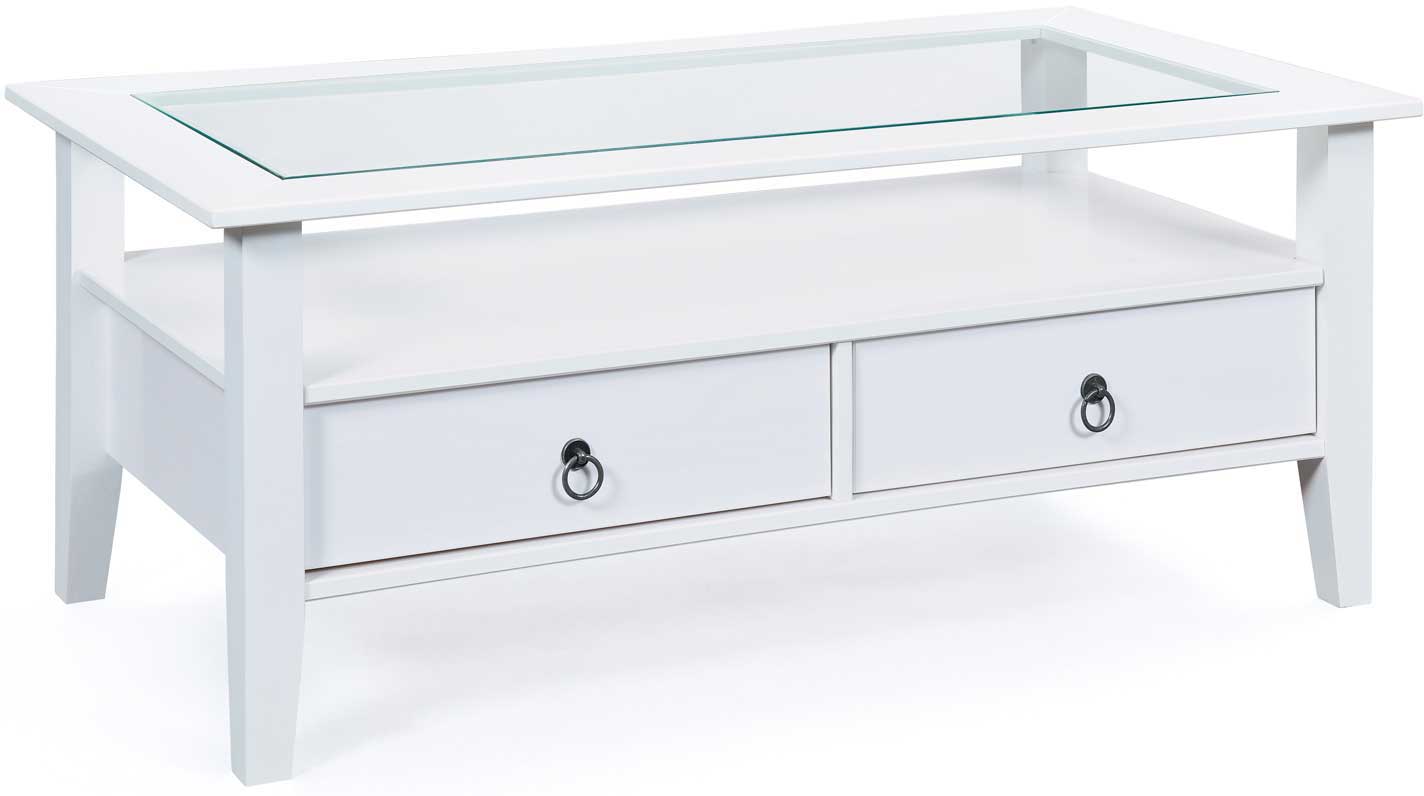 Table basse Provence 115x60 avec 2 tiroirs pin massif - blanc - Image 2