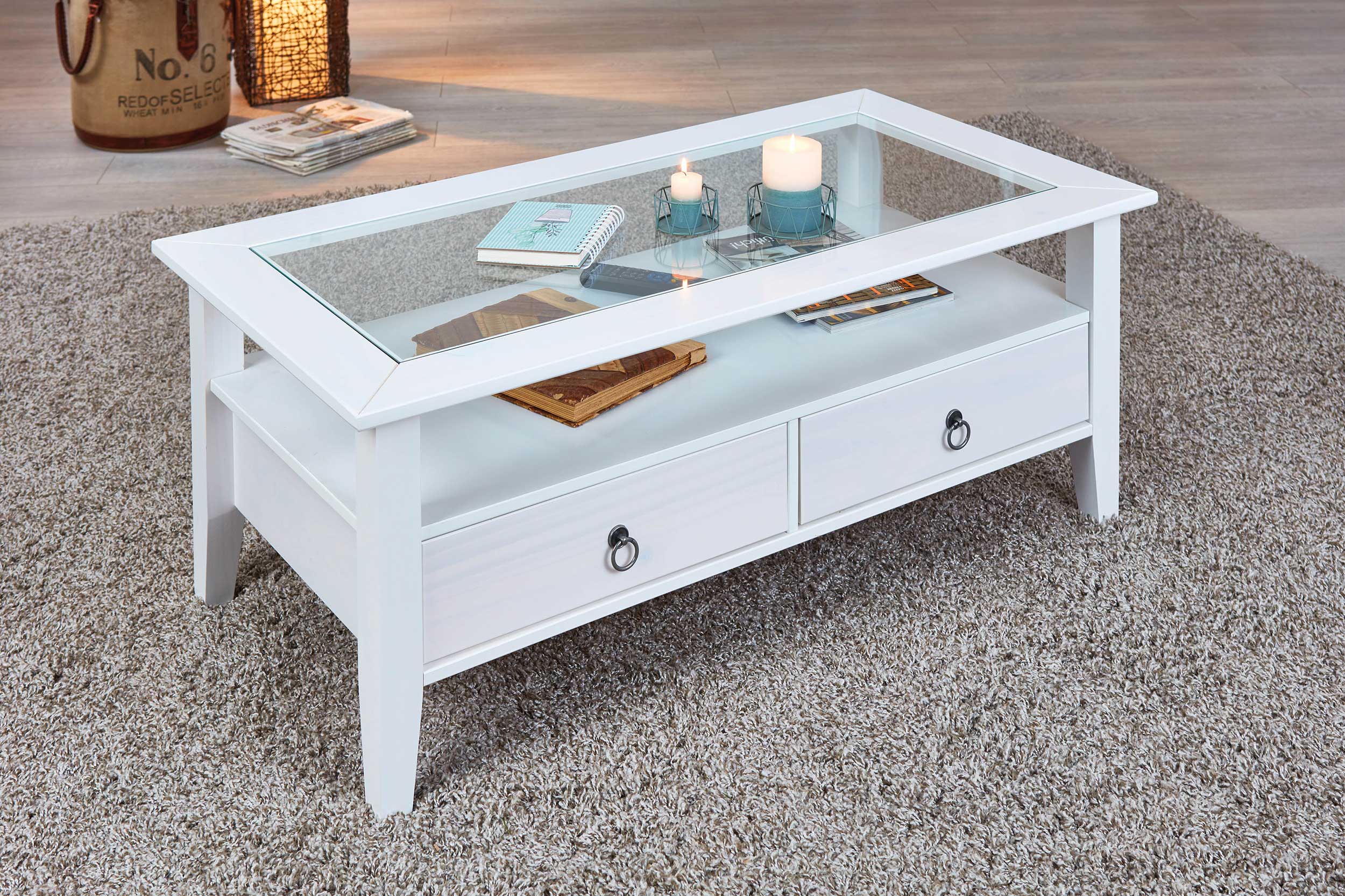 Table basse Provence 115x60 avec 2 tiroirs pin massif - blanc - Image 12