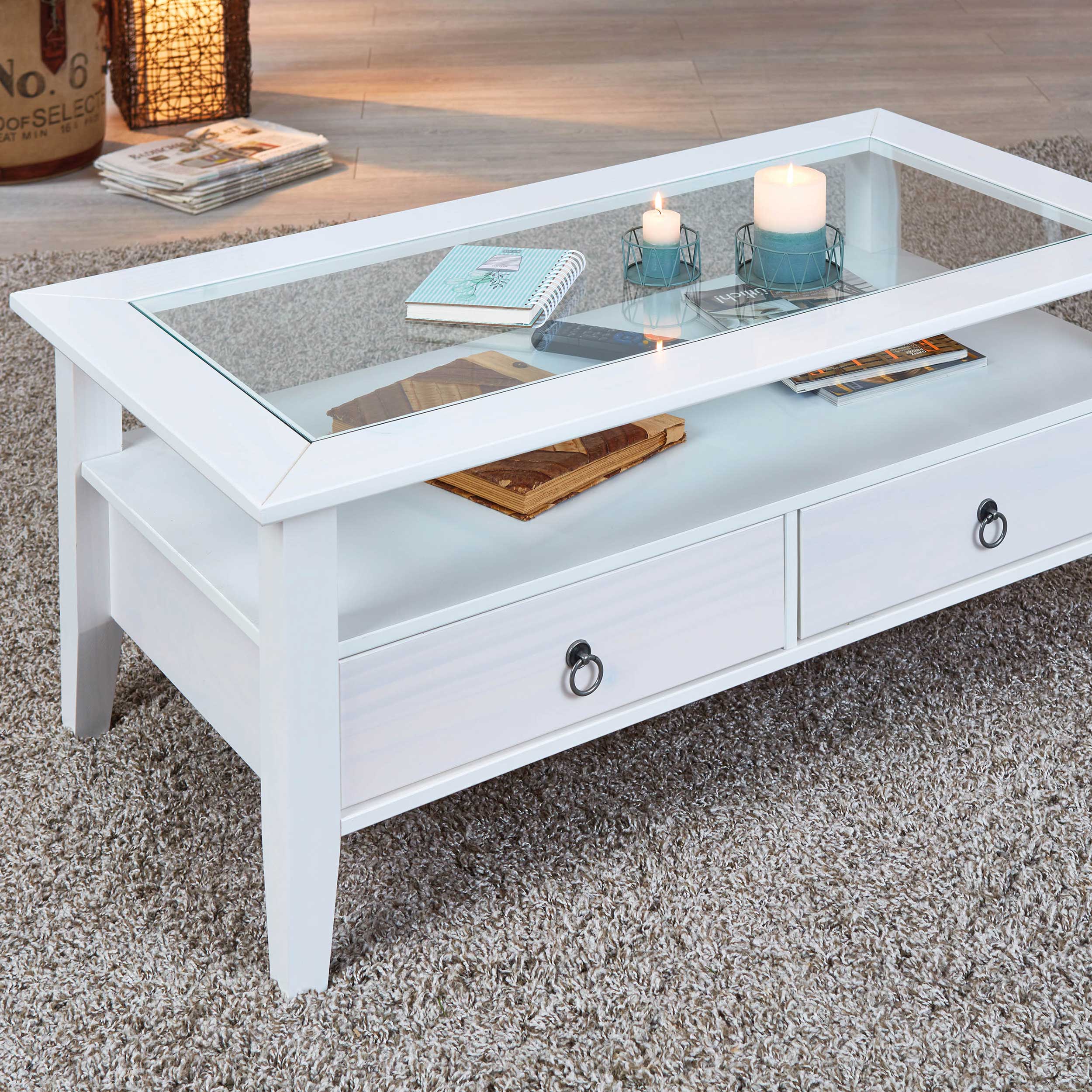 Table basse Provence 115x60 avec 2 tiroirs pin massif - blanc
