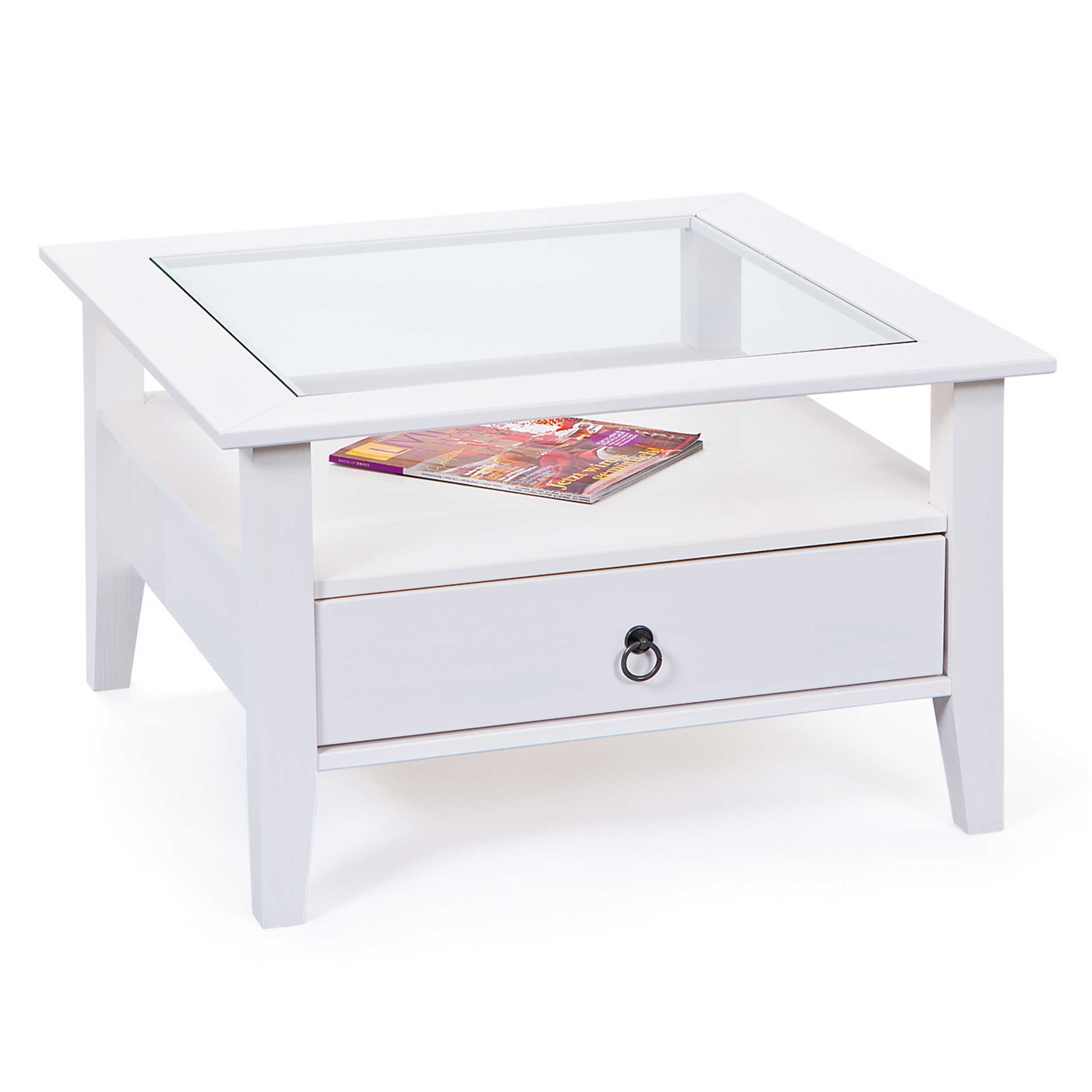 Table basse Provence 75x75 avec 1 tiroir pin massif - blanc - Image 12