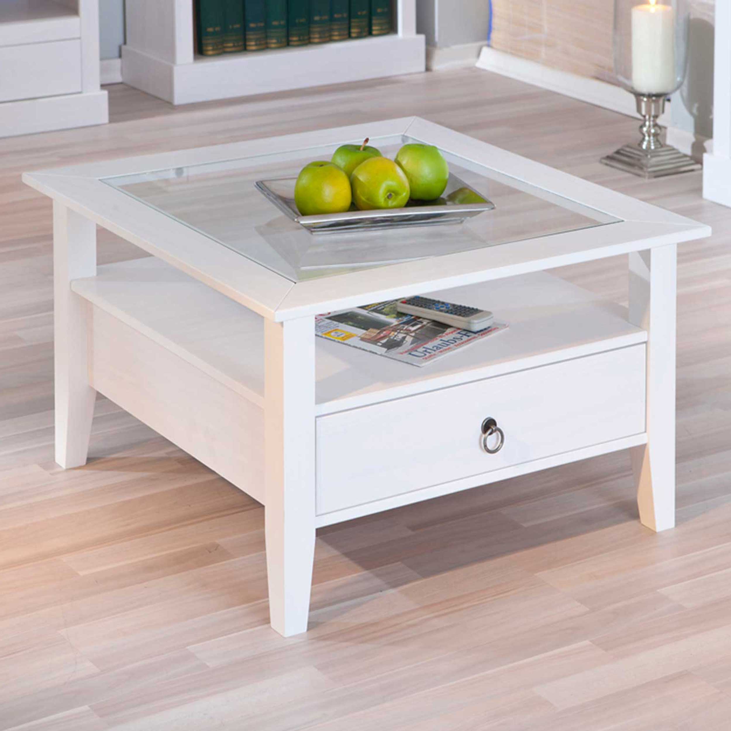 Table basse Provence 75x75 avec 1 tiroir pin massif - blanc