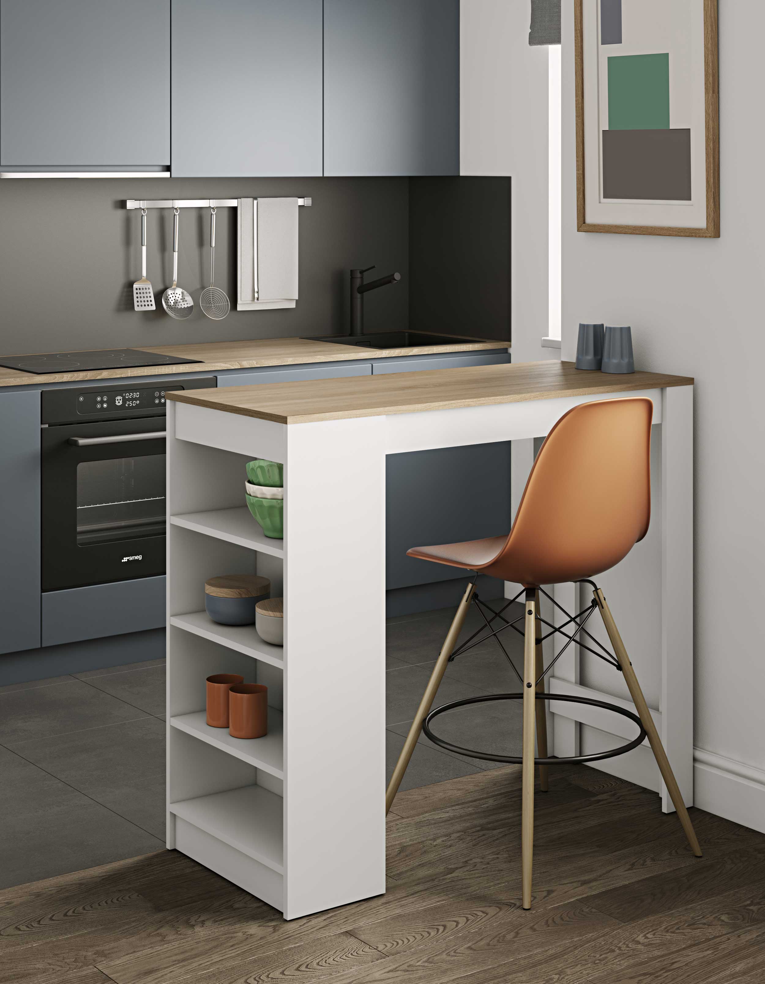 Table de bar Aravis 115x50 avec rangement - blanc/chêne - Image 6