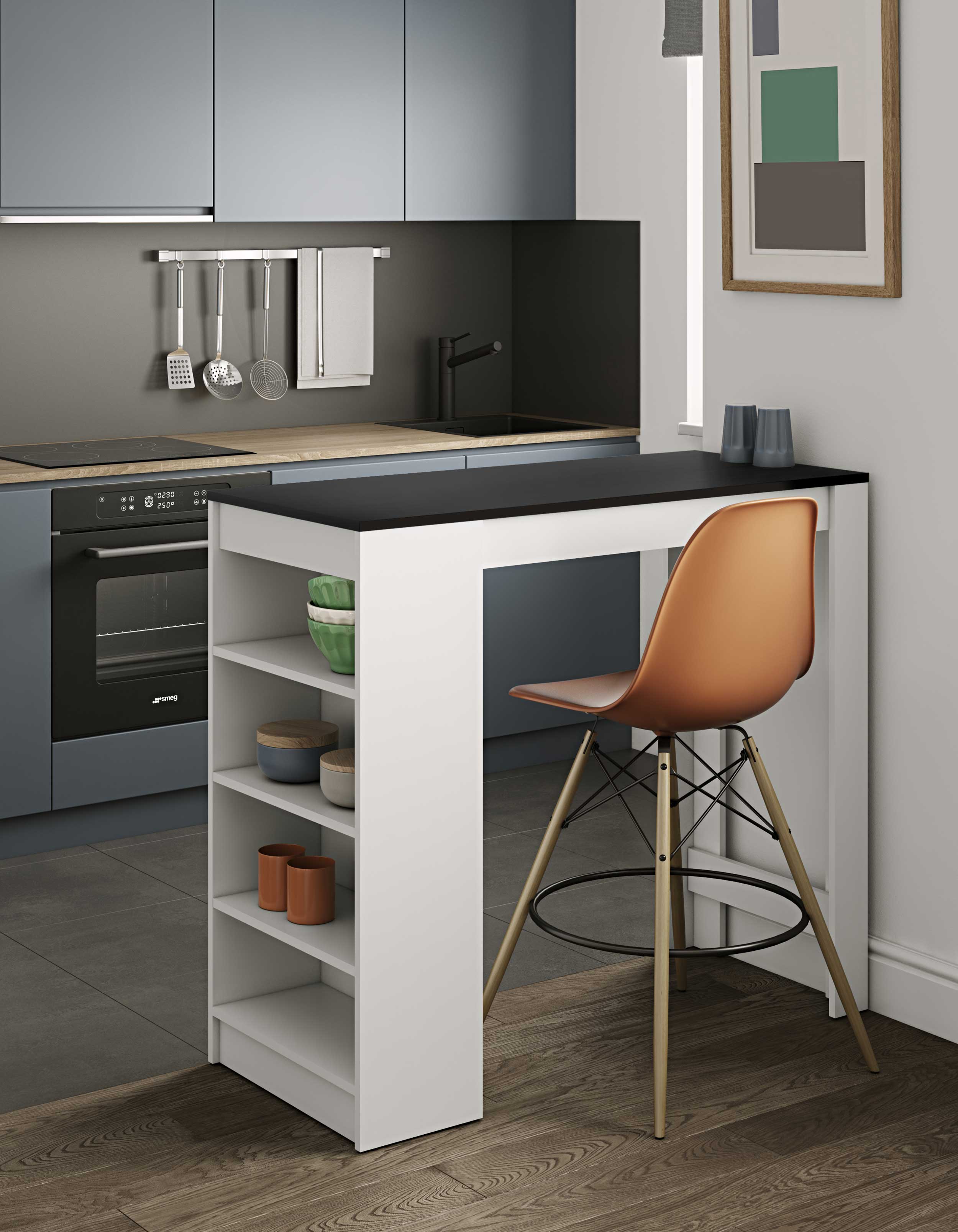 Table de bar Aravis 115x50 avec rangement - blanc/noir - Image 7