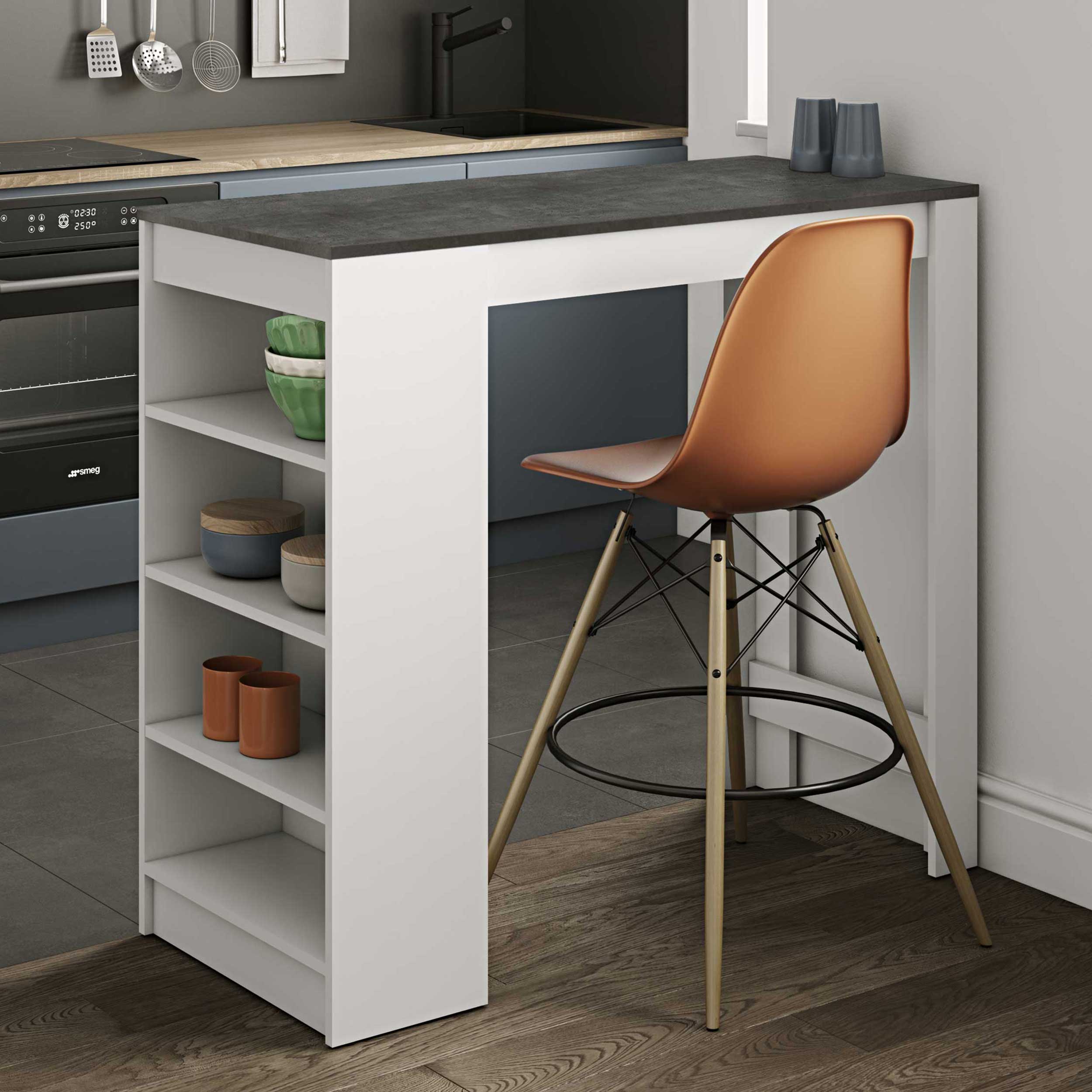 Table de bar Aravis 115x50 avec rangement - blanc/béton