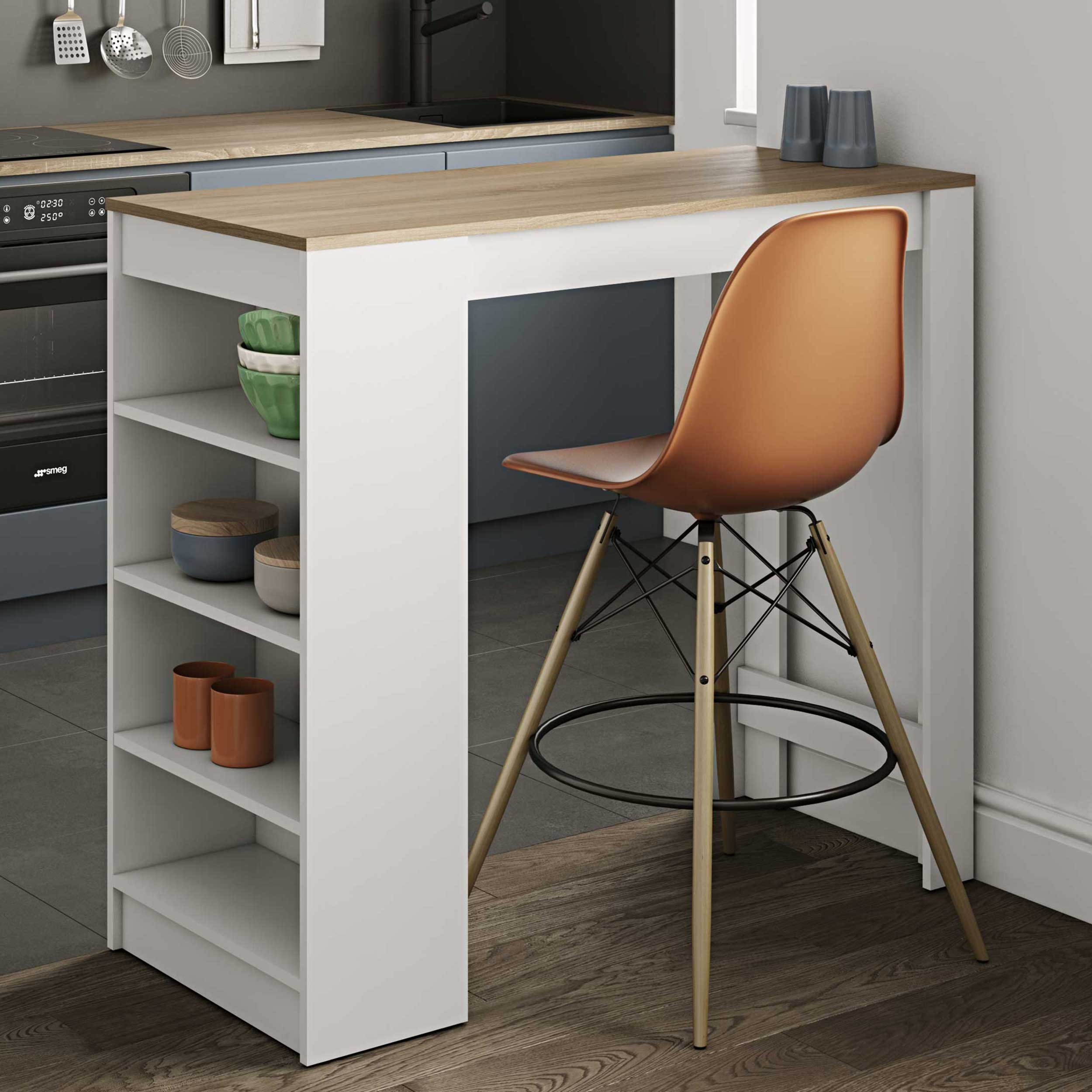 Table de bar Aravis 115x50 avec rangement - blanc/chêne