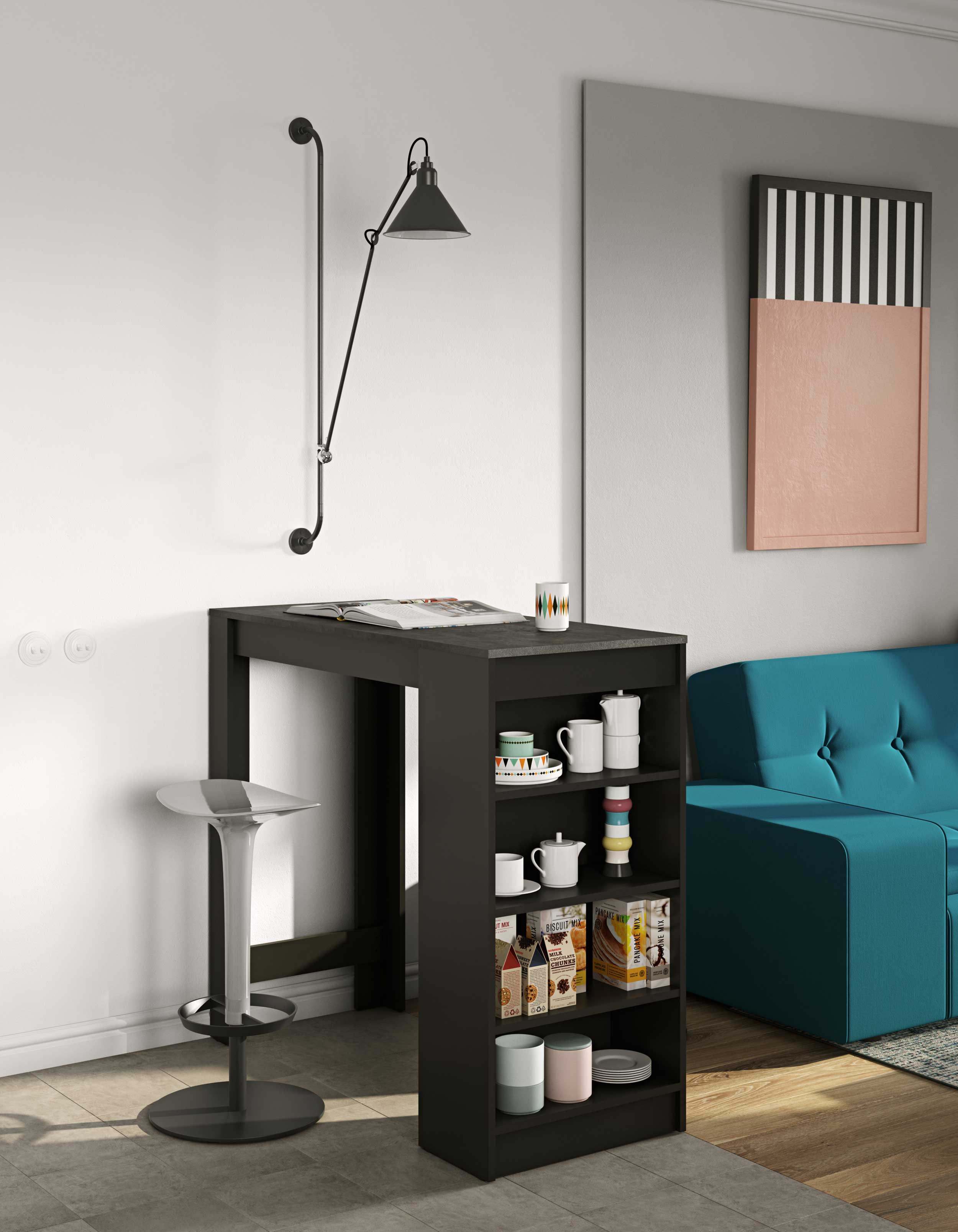 Table de bar Aravis 115x50 avec rangement - noir/béton - Image 7