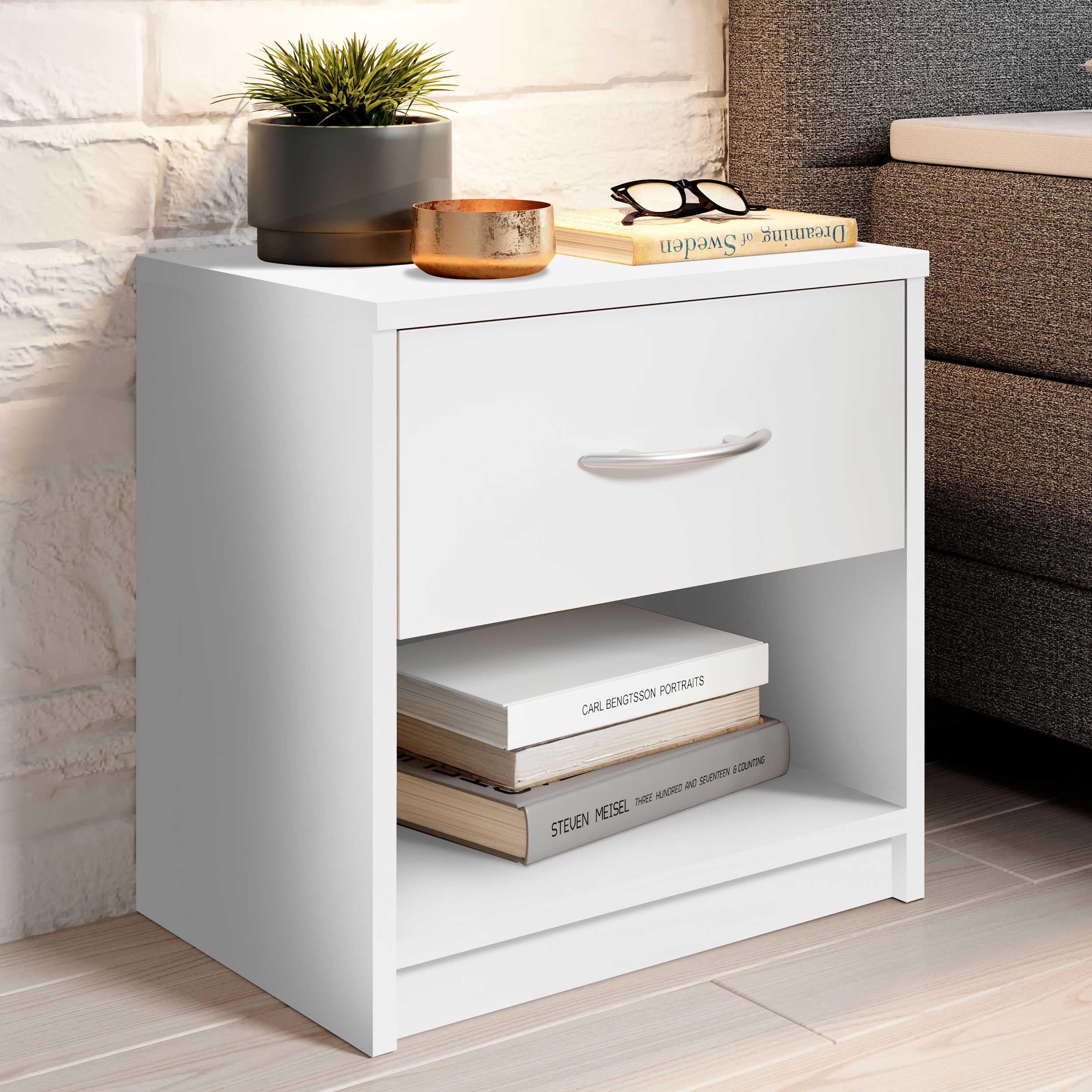 Table de chevet Beppu avec 1 tiroir - blanc