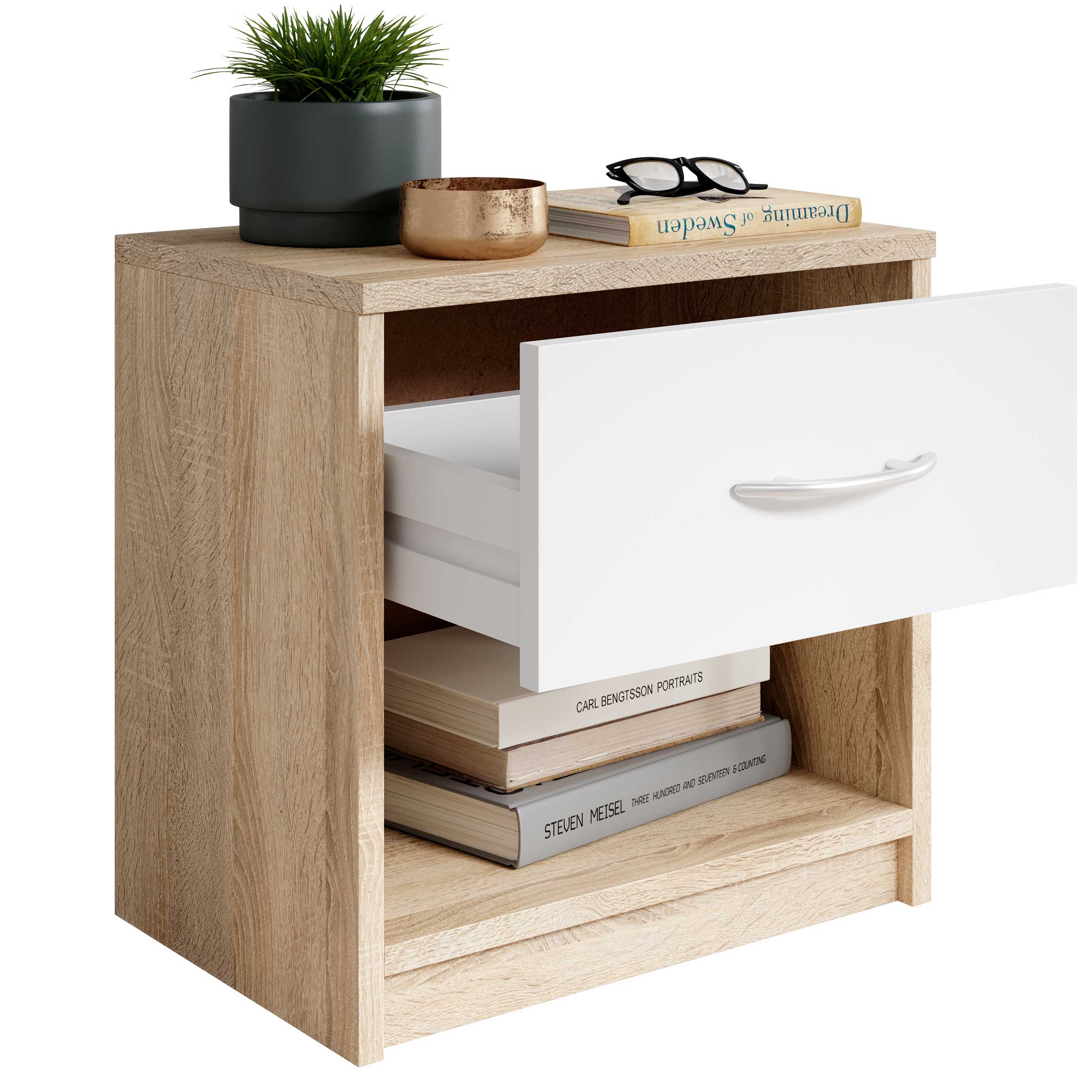 Table de chevet Beppu avec 1 tiroir - chêne/blanc - Image 2