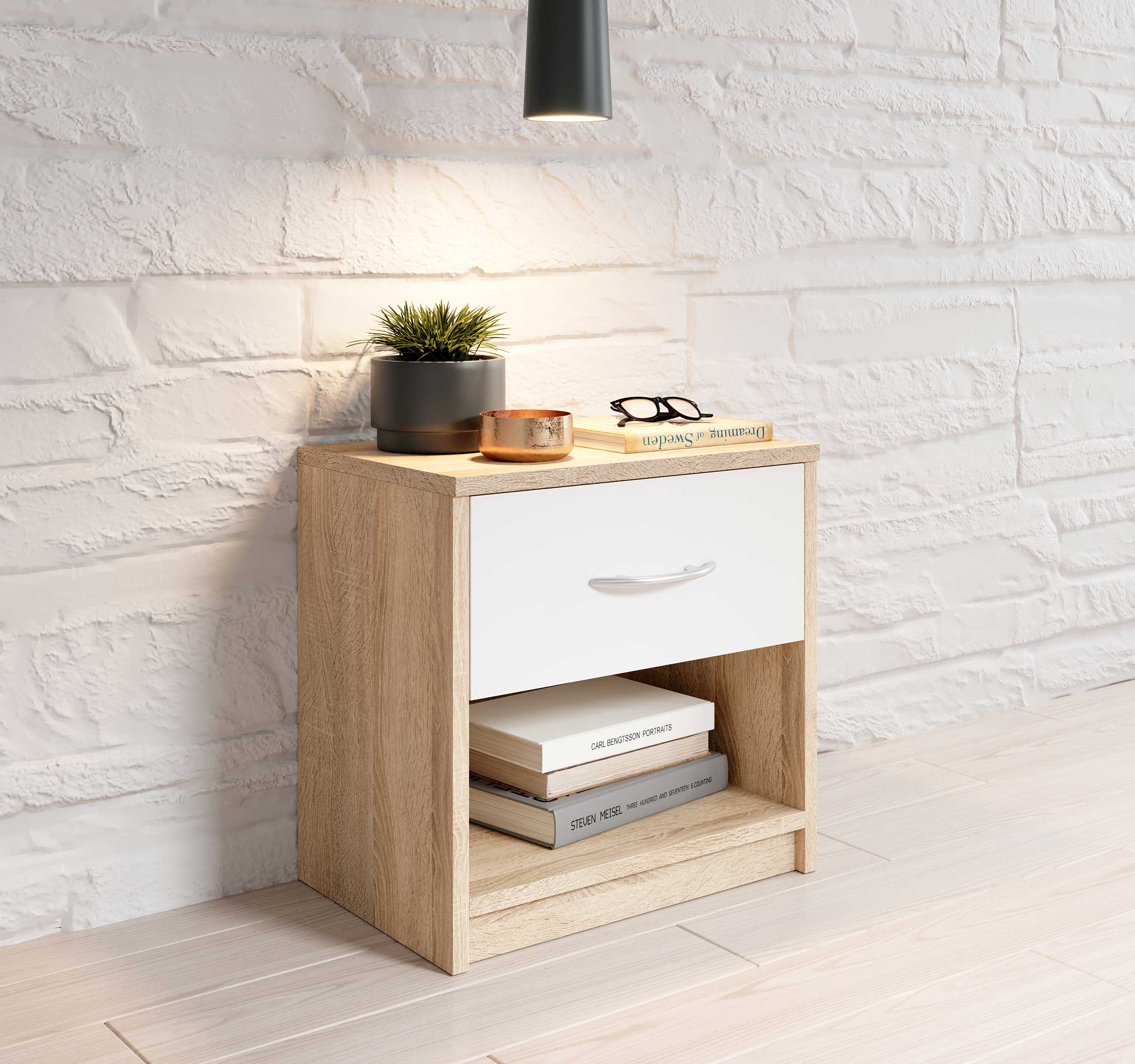 Table de chevet Beppu avec 1 tiroir - chêne/blanc - Image 4