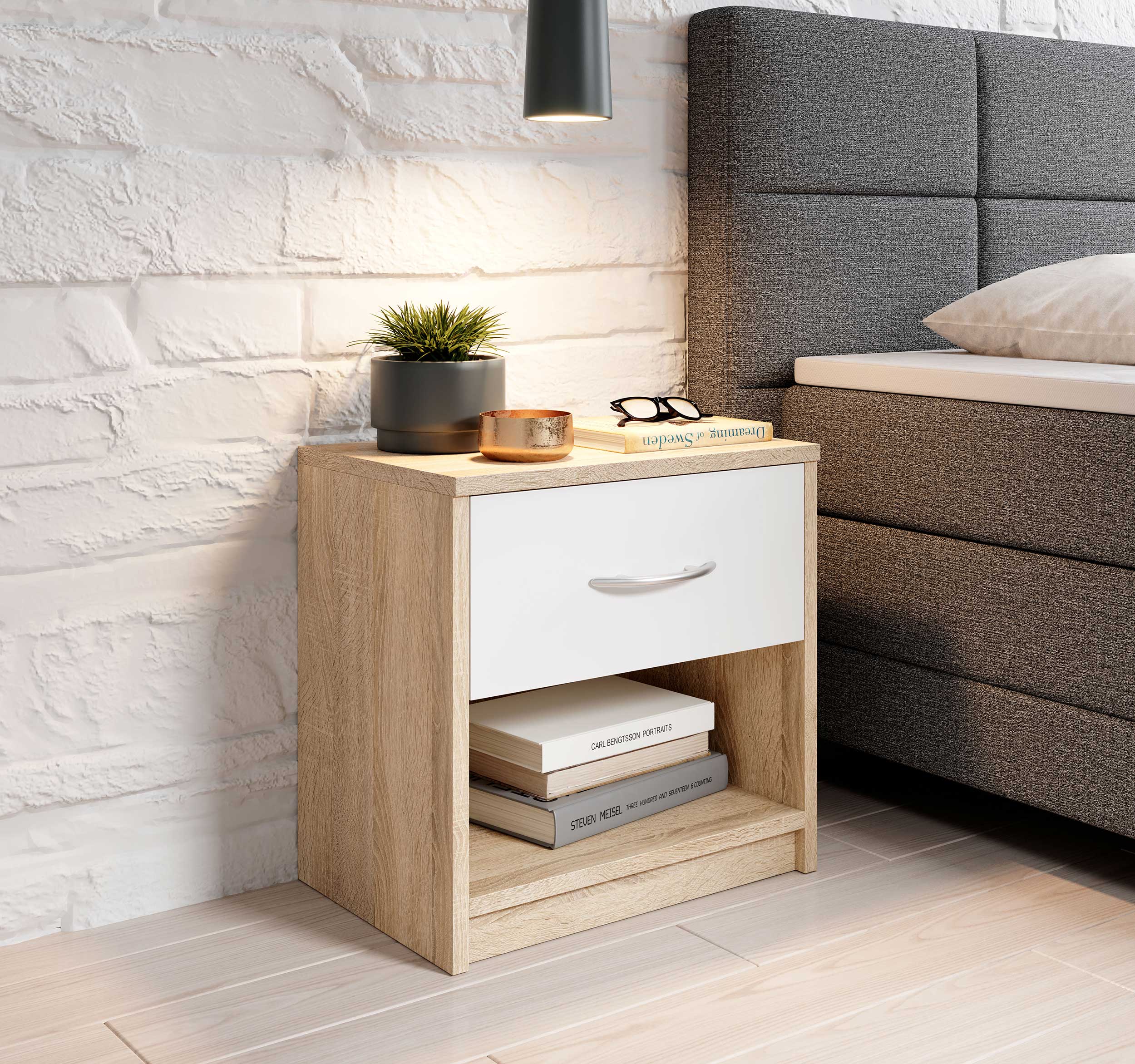 Table de chevet Beppu avec 1 tiroir - chêne/blanc - Image 5