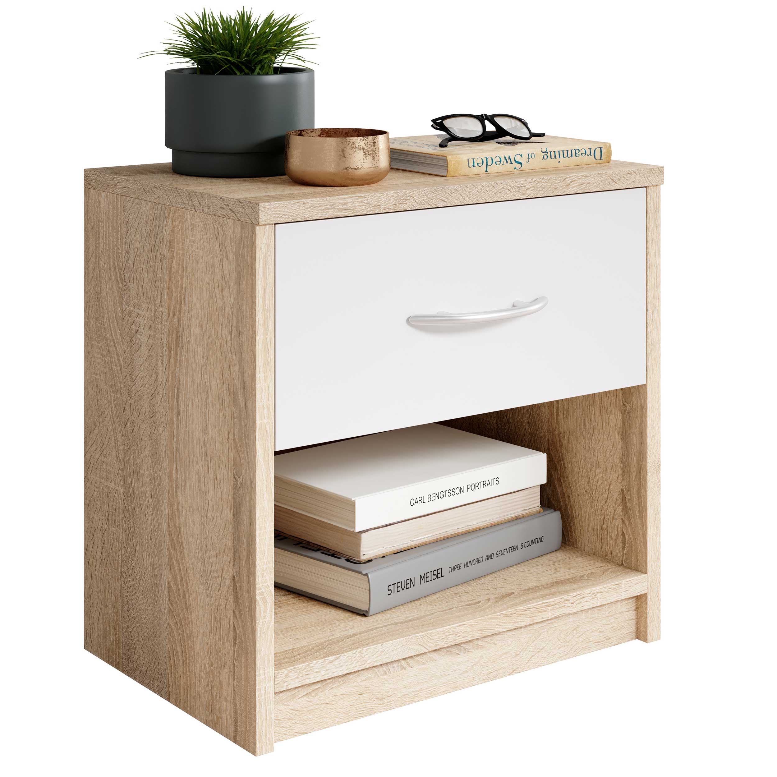 Table de chevet Beppu avec 1 tiroir - chêne/blanc - Image 6