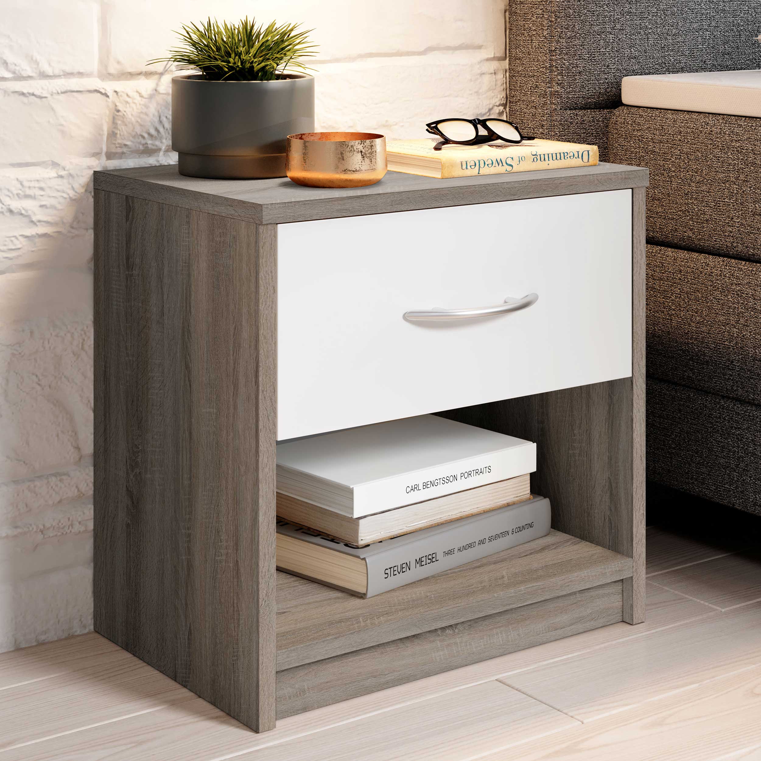Table de chevet Beppu avec 1 tiroir - gris/blanc