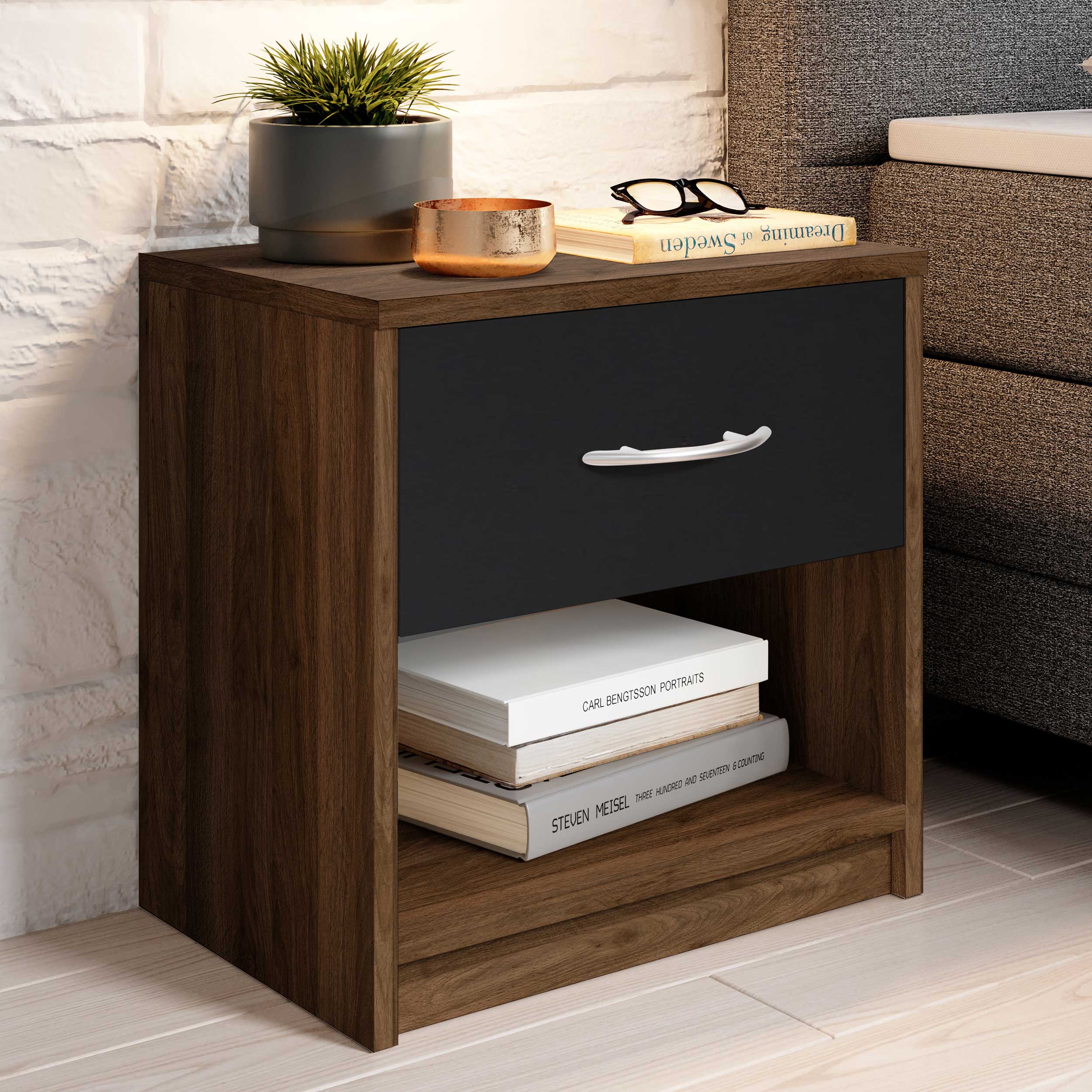 Table de chevet Beppu avec 1 tiroir - noyer/noir - Image 1