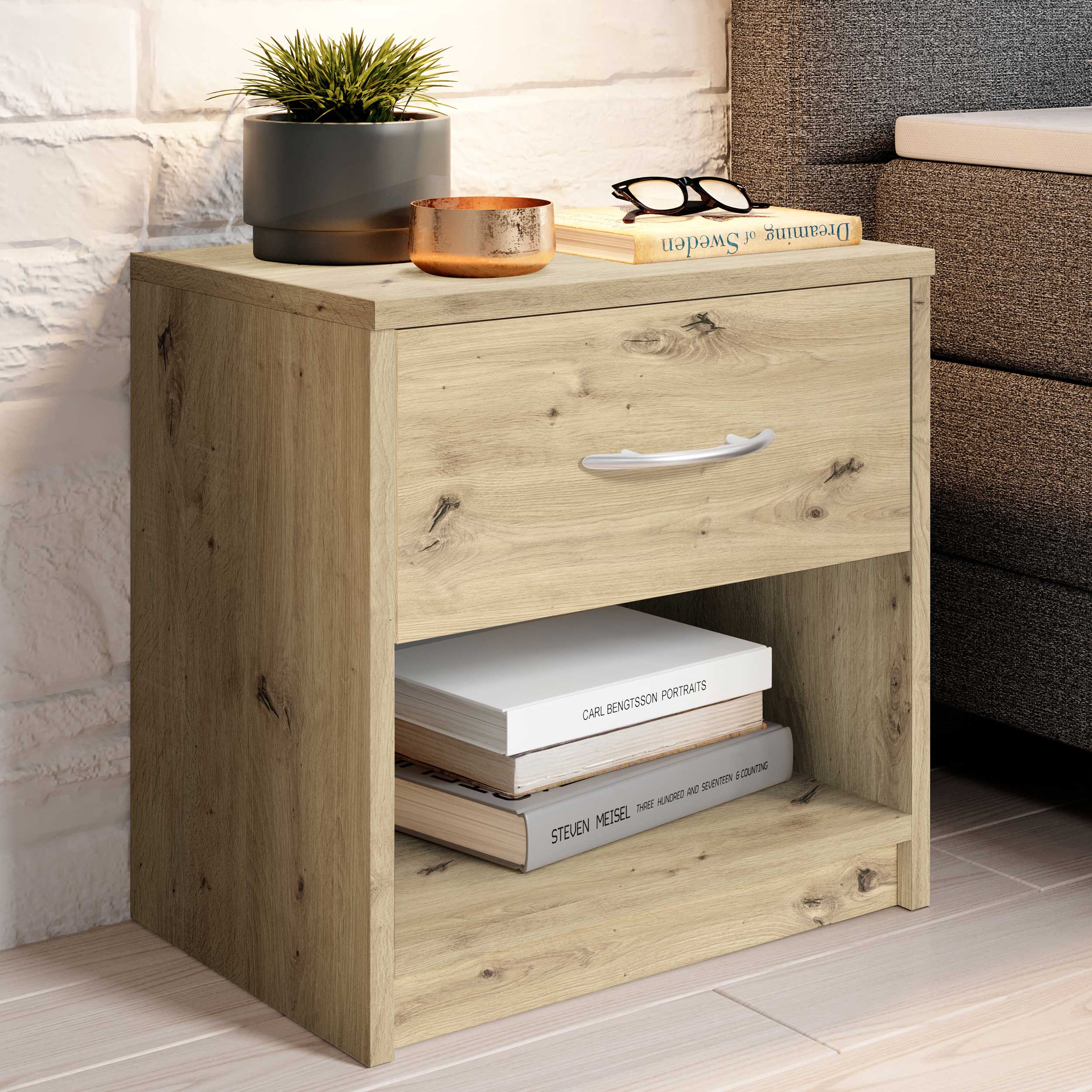 Table de chevet Beppu avec 1 tiroir - vieux chêne