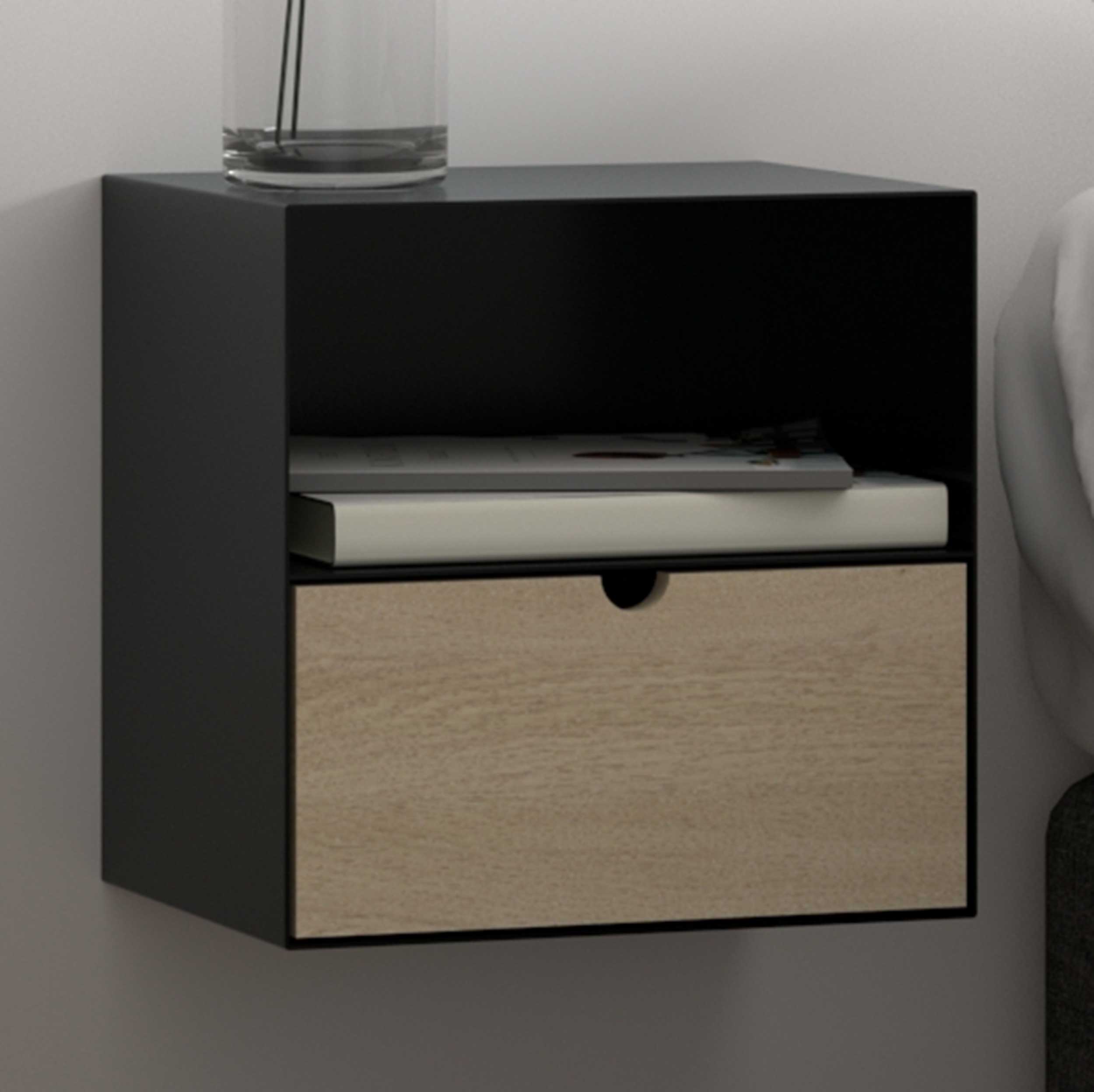 Table de chevet flottante Jolie 1 tiroir - noir/bambou - Image 1