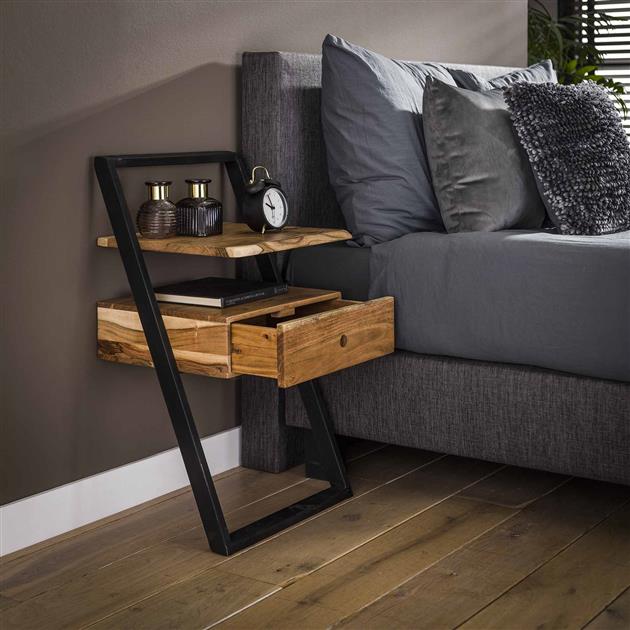 Table de chevet Loku 45cm, 1 tiroir - bois d'acacia massif/métal - Image 4
