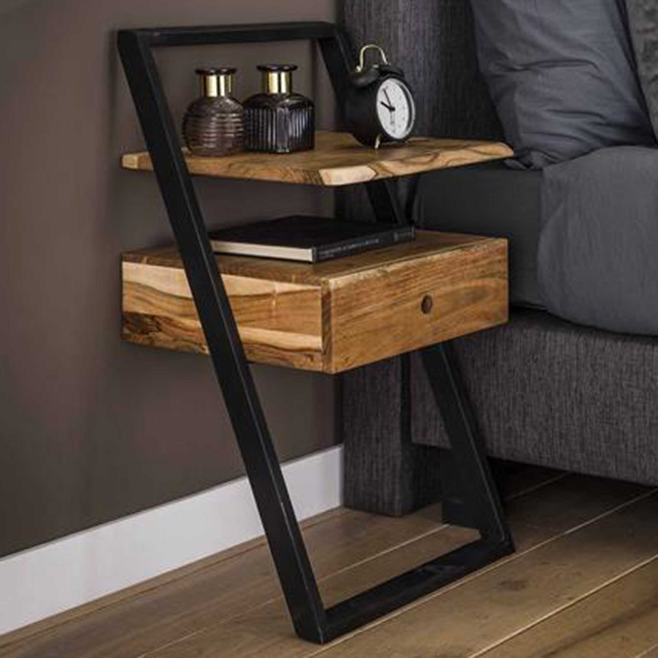 Table de chevet Loku 45cm, 1 tiroir - bois d'acacia massif/métal - Image 1