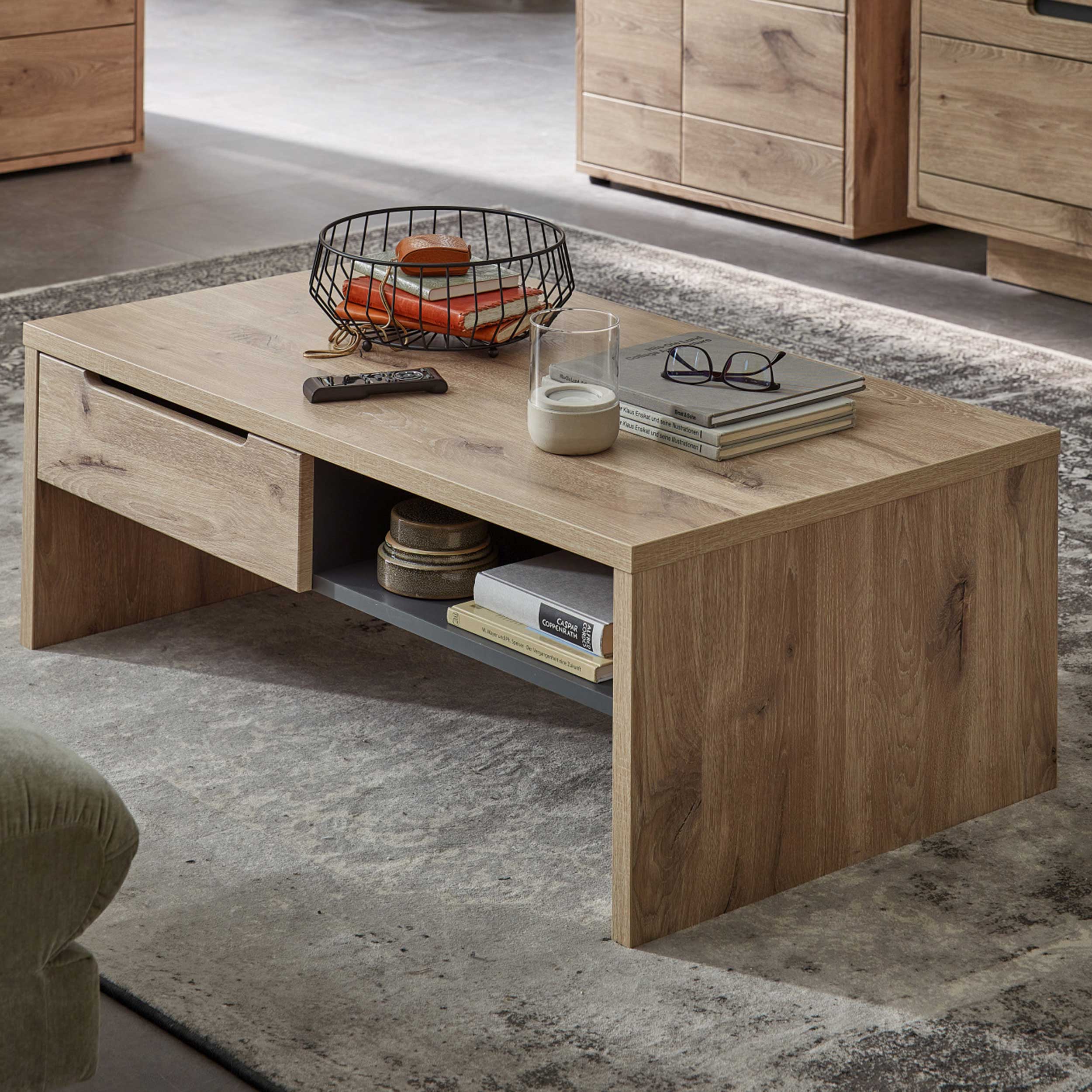 Table de salon Bellini 110x65cm avec tiroir de rangement - chêne/anthracite