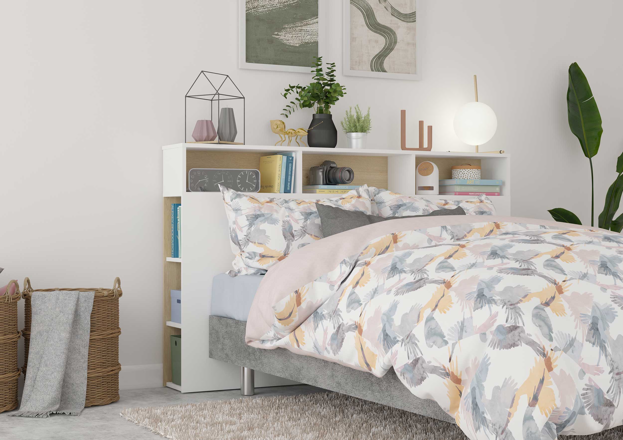 Tête de lit avec espace de rangement Keith 162cm - blanc/ chêne clair - Image 6