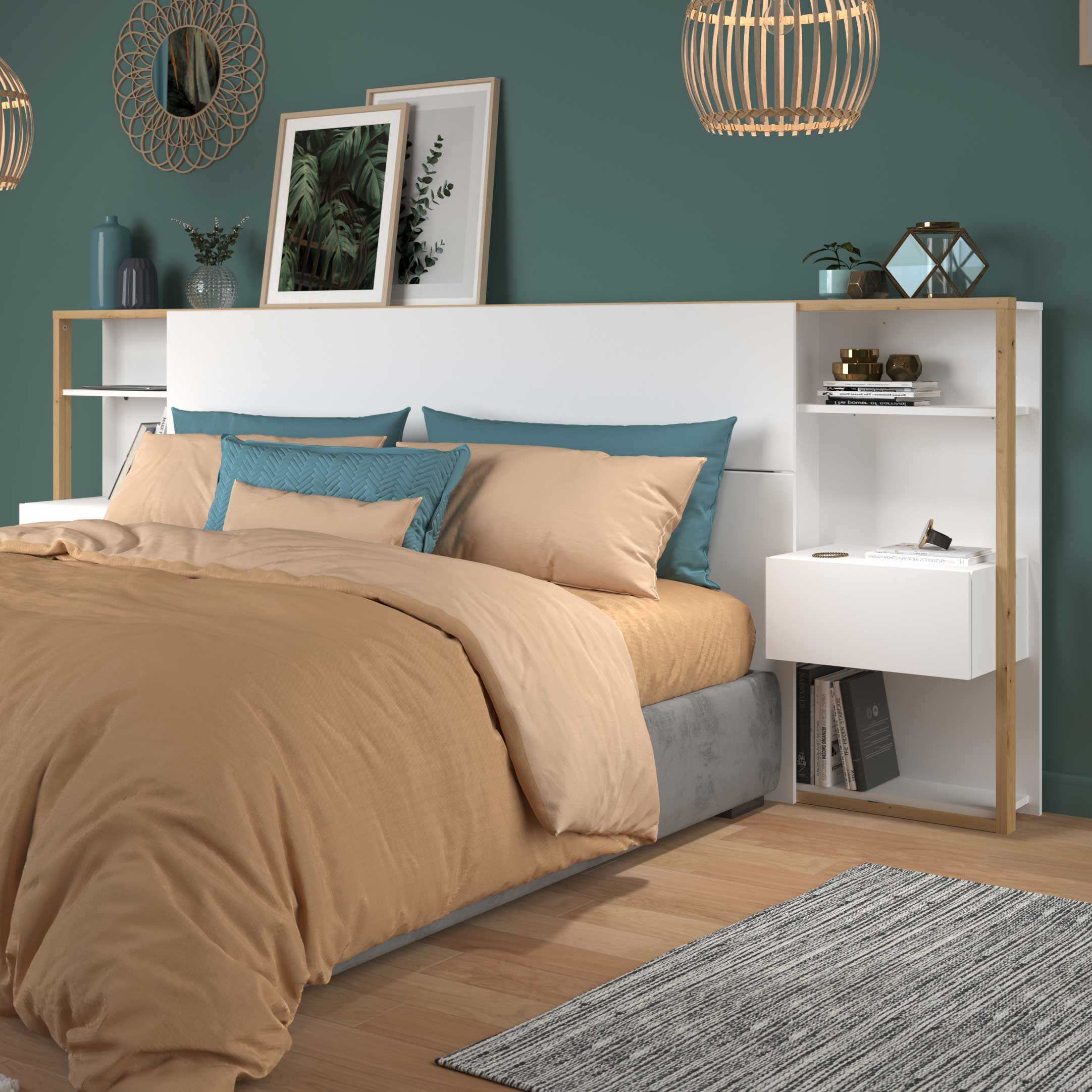 Tête de lit Stamp 2 tiroirs - blanc/chêne artisan - Image 1