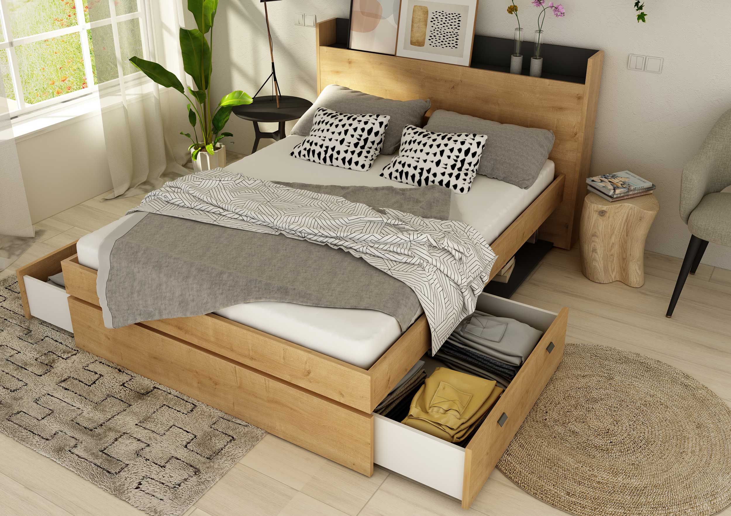 tiroir de lit & étagère Sanna 95cm & 98cm - chêne clair/ noir - Image 4