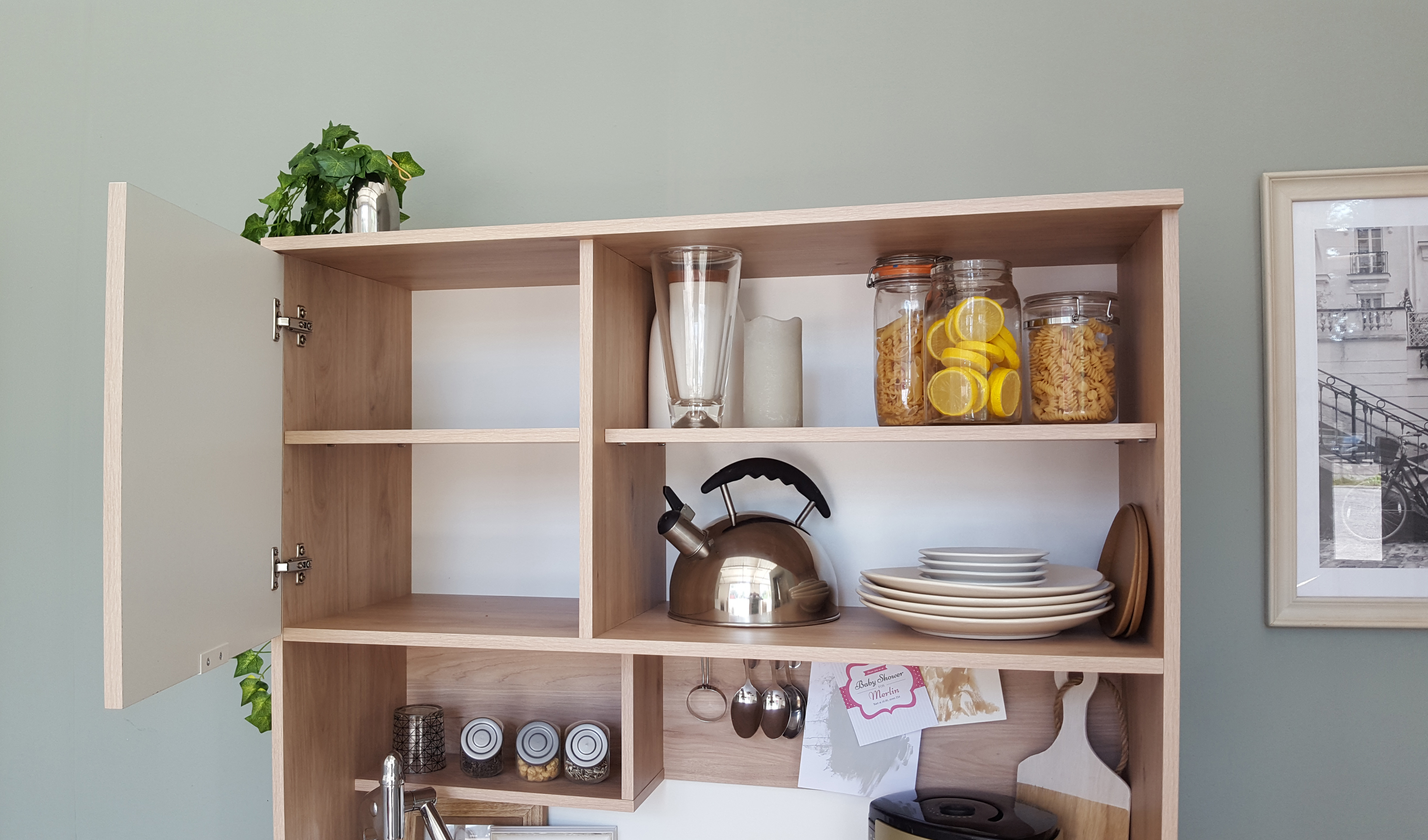 Vaisselier Lydia 100cm, 3 portes & 1 tiroir - blanc/décor de chêne - Image 5