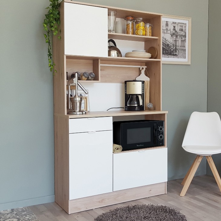 Vaisselier Lydia 100cm, 3 portes & 1 tiroir - blanc/décor de chêne - Image 1