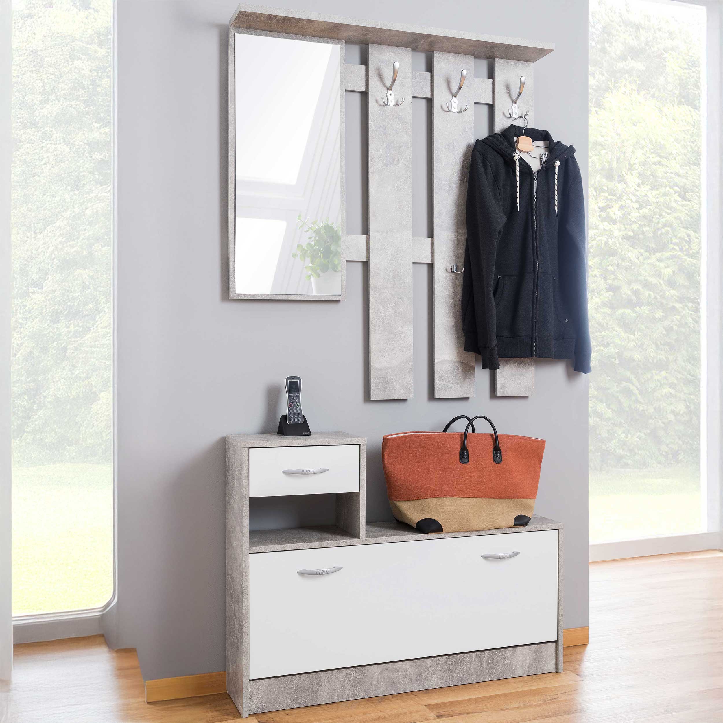 Vestiaire Rudolf (porte-manteau, miroir & armoire à chaussures) - béton/blanc - Image 1