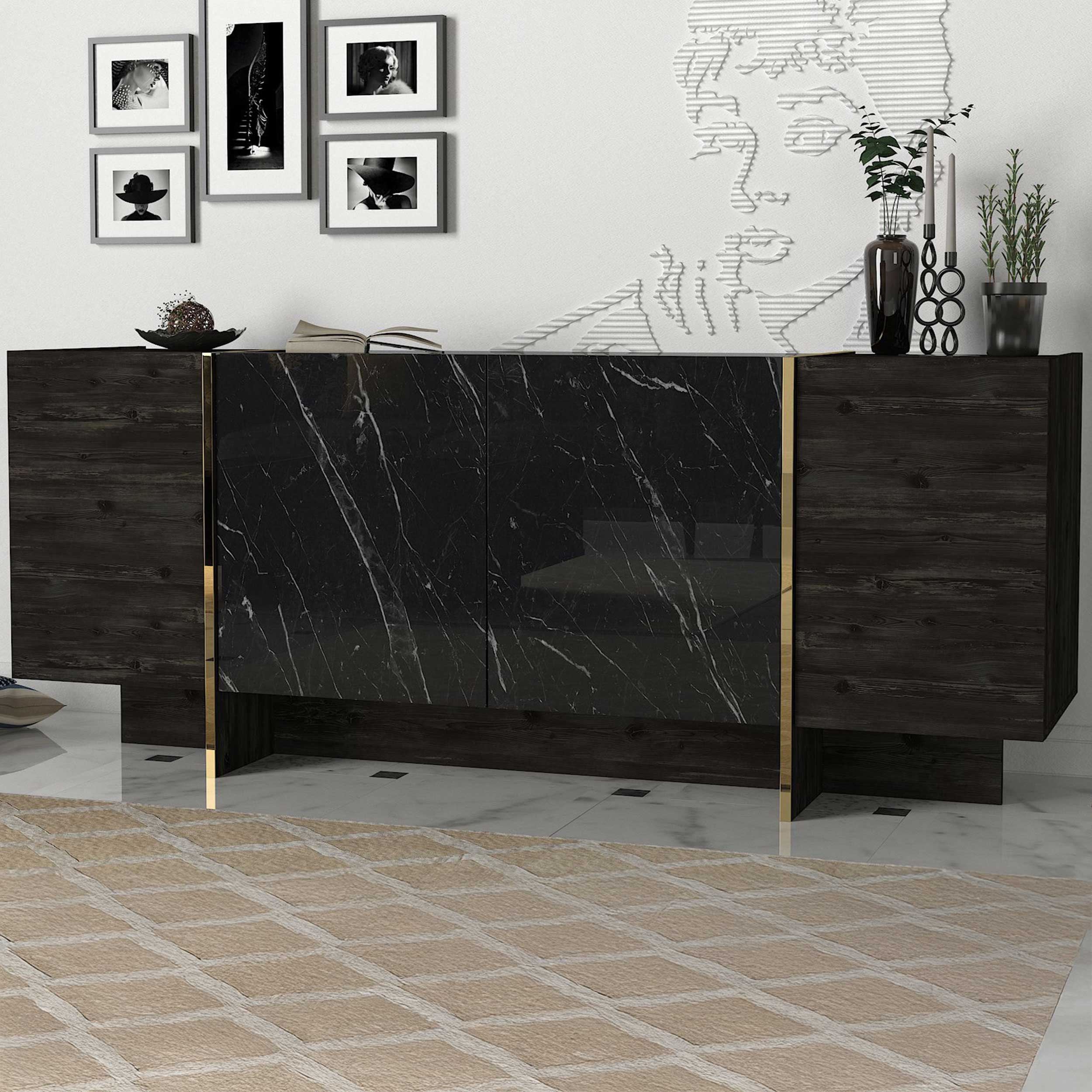 Veyron Console | 100 % MÉLAMINE | Noir, Or