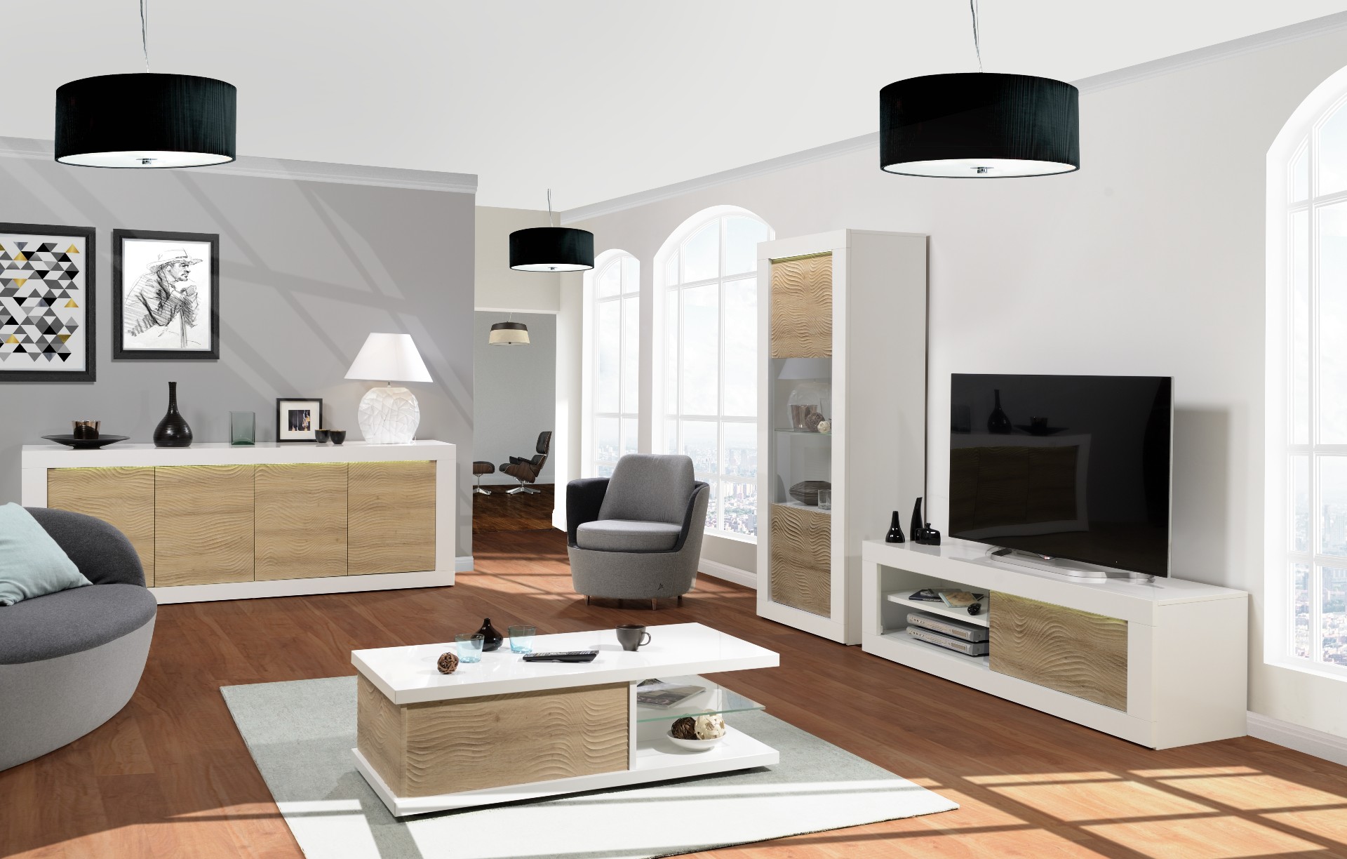 Vitrine Kaia 80cm à 1 porte - blanc brillant/chêne - Image 6