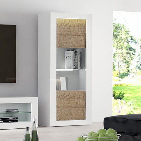Vitrine Kaia 80cm à 1 porte - blanc brillant/chêne