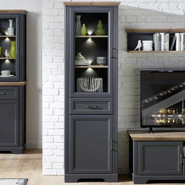 Vitrine Samine 66cm 2 portes & 1 tiroir - graphite/chêne - Image 1