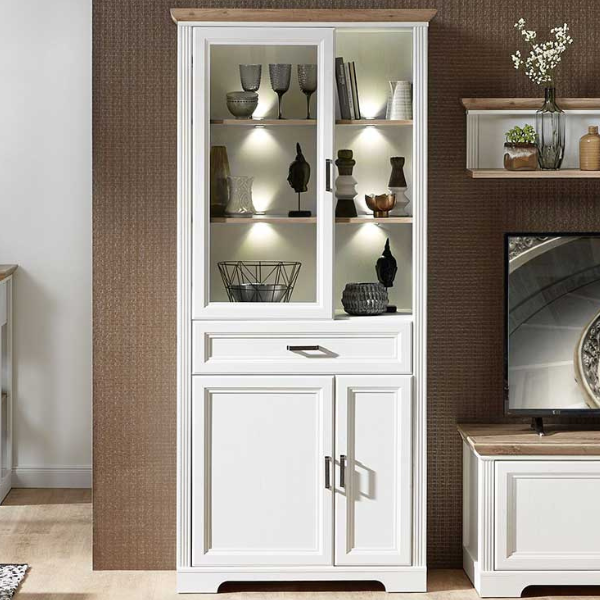 Vitrine Samine 93cm 3 portes & 1 tiroir - blanc/chêne - Image 1